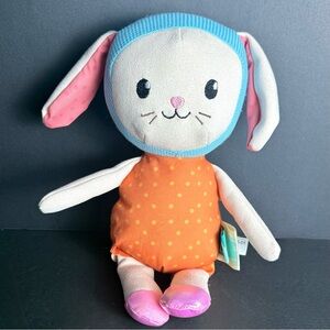 B Play B Softies Bunny Rabbit Plush Orange Dress Blue Waffle Knit Bonnet 12"